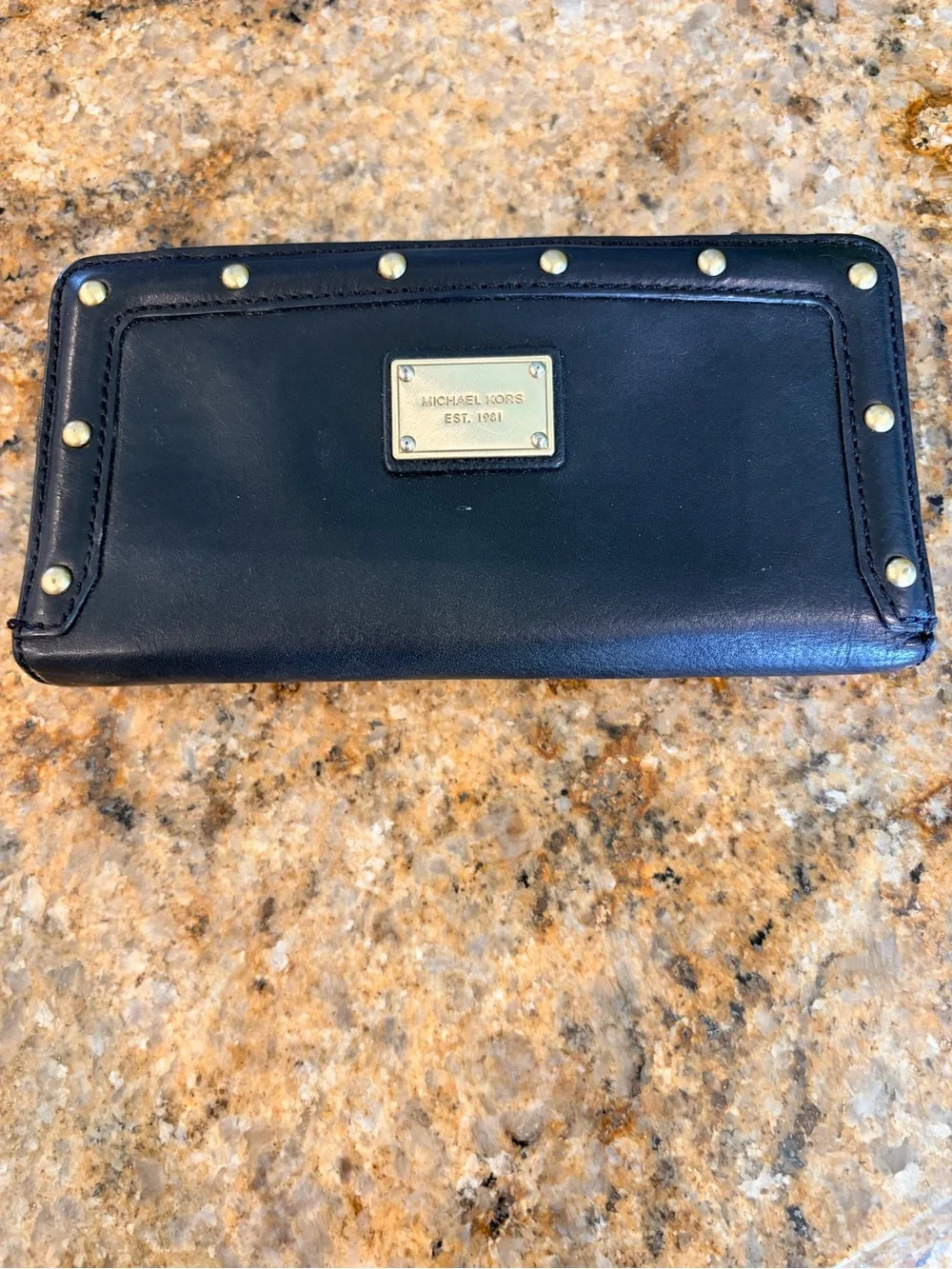 Michael Kors Black Leather Gold-Stud Zip Wallet